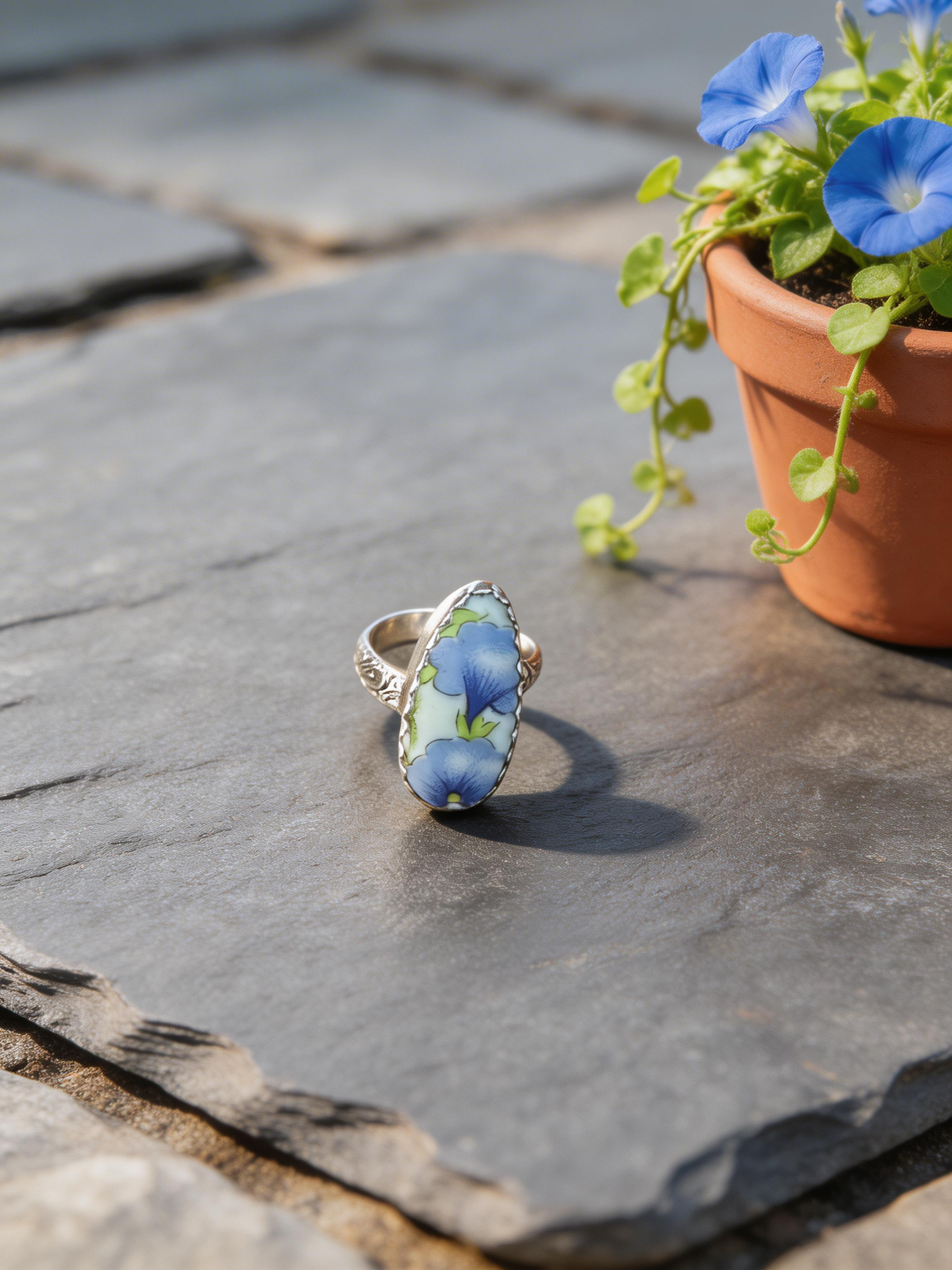 Blue Floral Porcelain Statement Ring