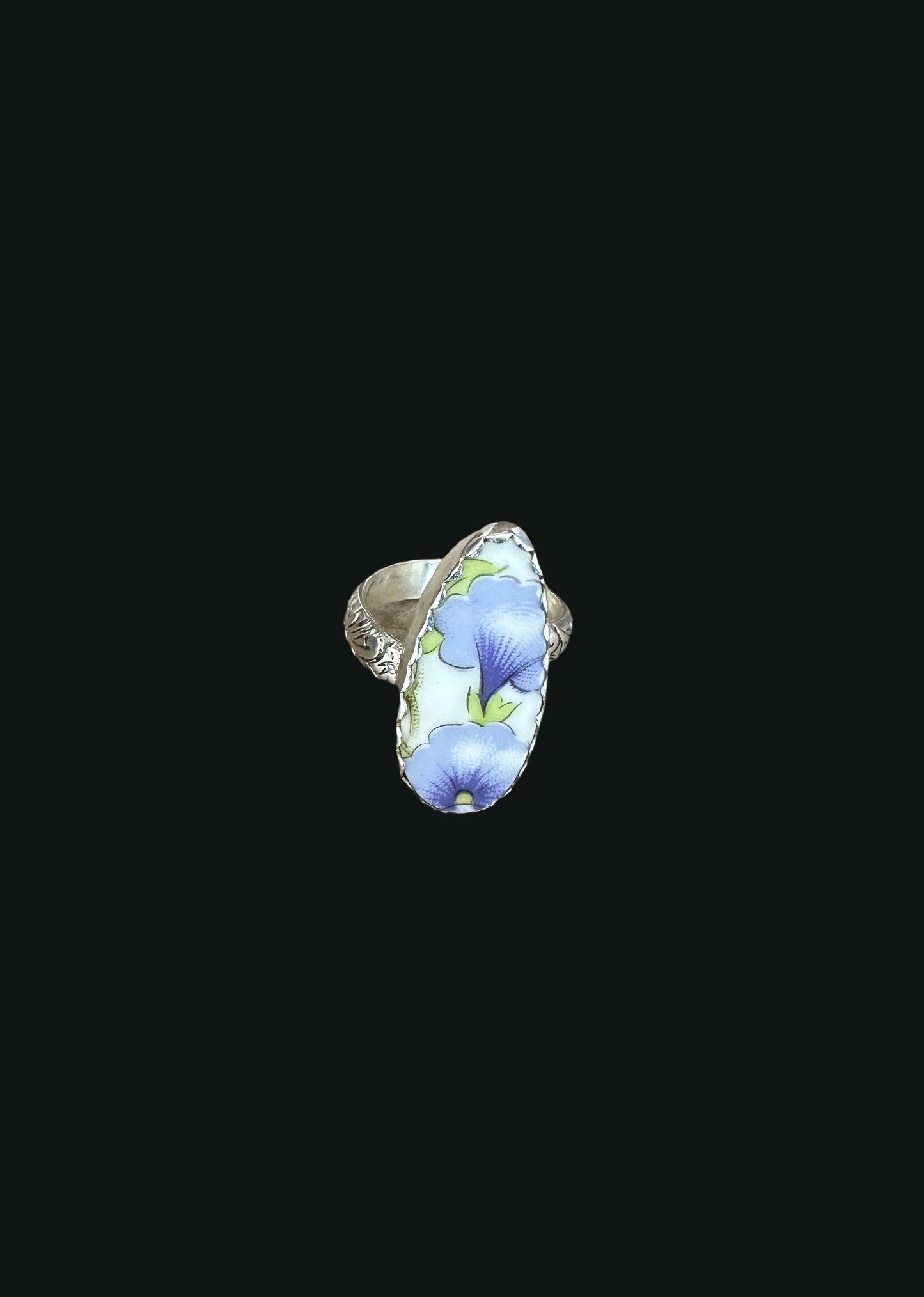 Blue Floral Porcelain Statement Ring